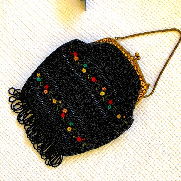 Handbags - Vintage Black Beaded Embroidered Floral Bag